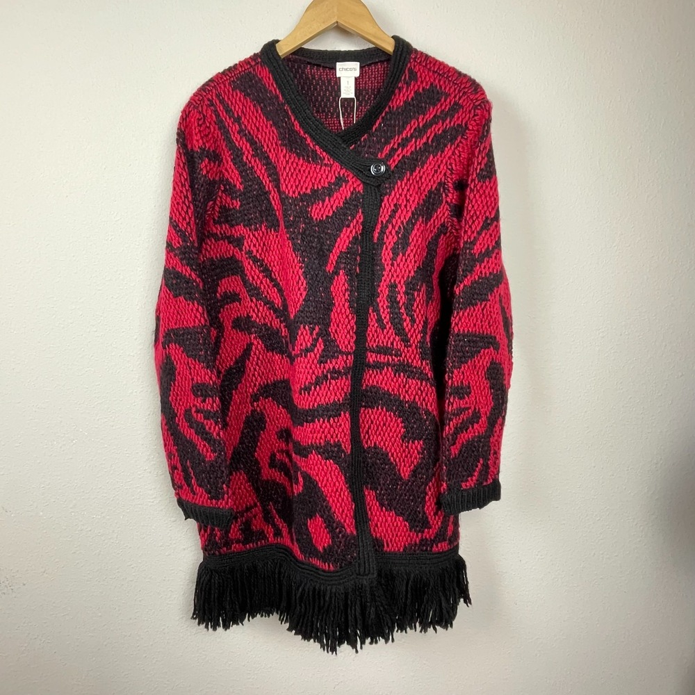 NWT Chico's Duster Cardigan Sz 1 Small Red Black Fringe Hem Boho Western Sweater